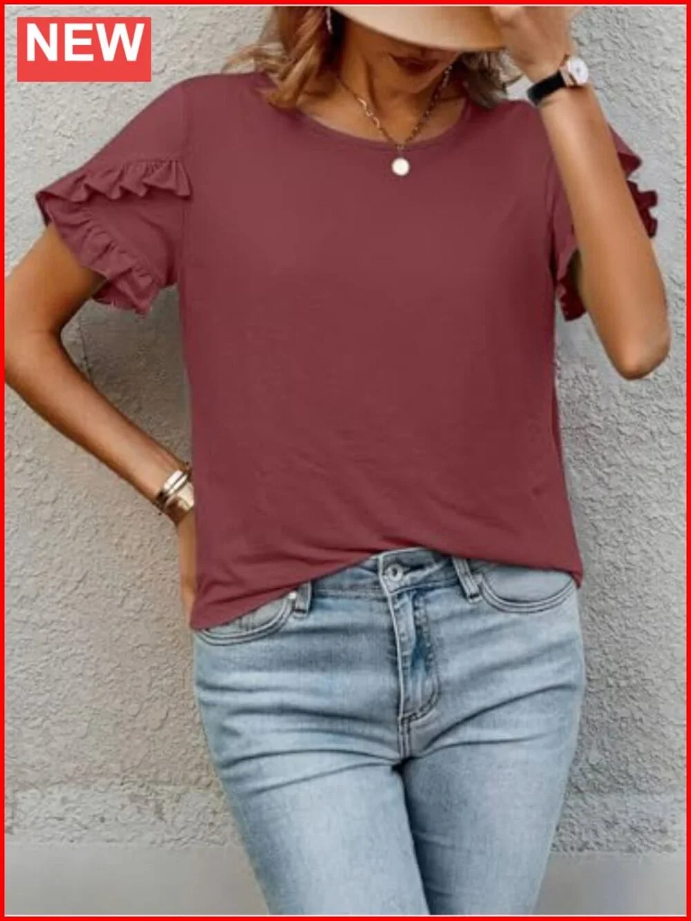 Women's Ruffle Sleeve Crewneck Short Sleeve T-Shirt Polyester Blend Casual Work